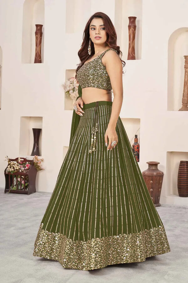 Dark Olive Green Georgette Lehenga with Zari & Sequins