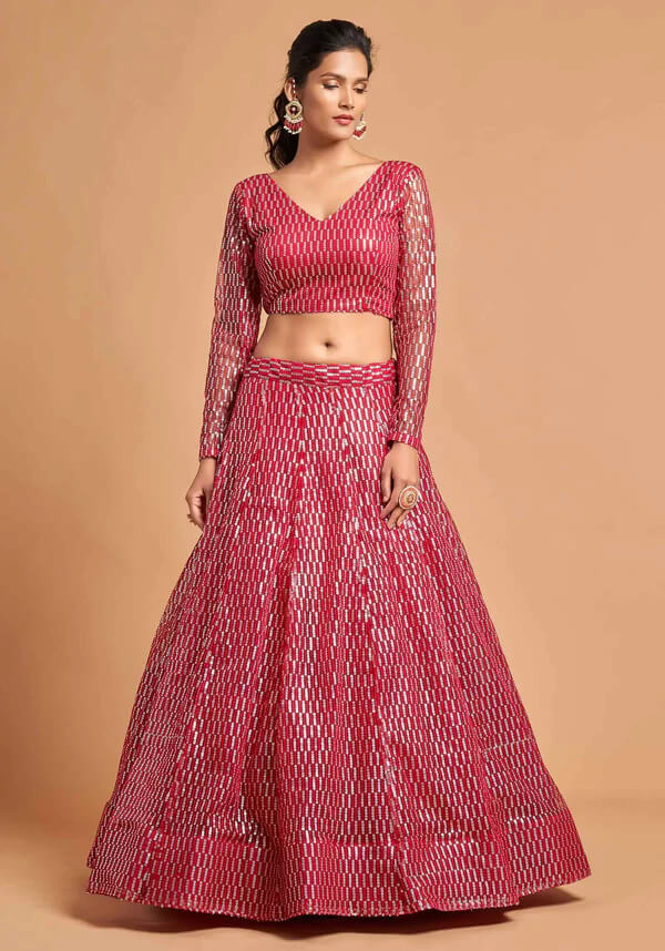Hot Pink Soft Net Lehenga with Thread & Sequins Work