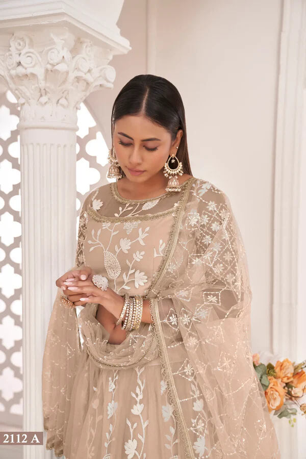 Elegant Beige Net Embroidered Lehenga Choli
