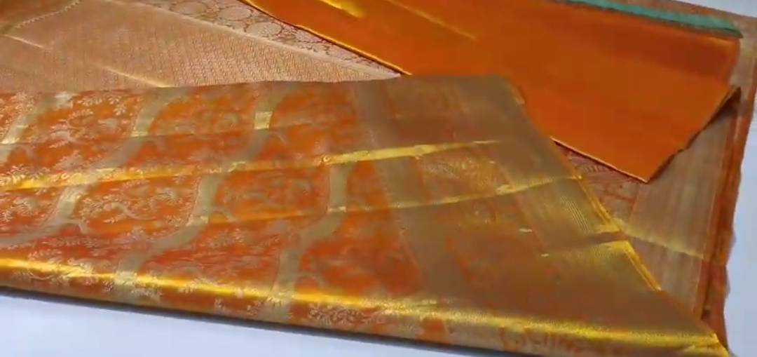 Orange Kanchipuram Handloom Tissue Brocade Silk Meenakari Saree