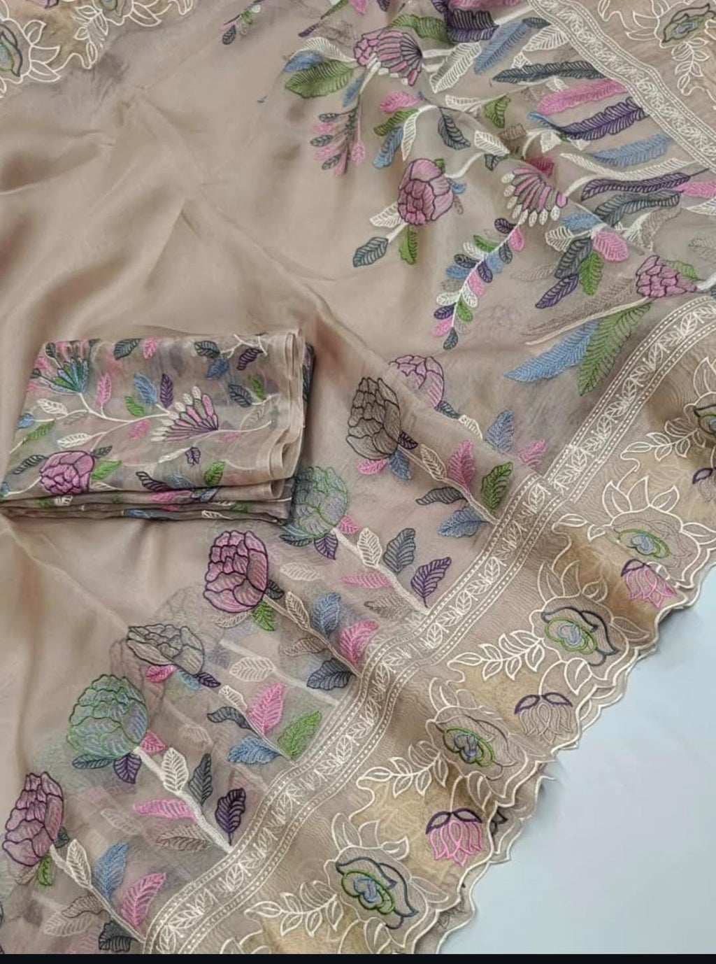 Beige Banarasi Handloom Tissue Silke Paithani Broderi Saree