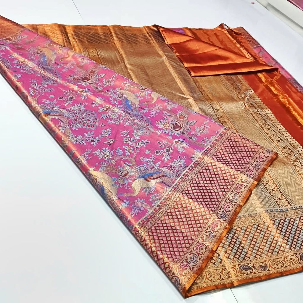 Pink Kanchipuram Handloom Meenakari Tissue Brocade Silk Saree
