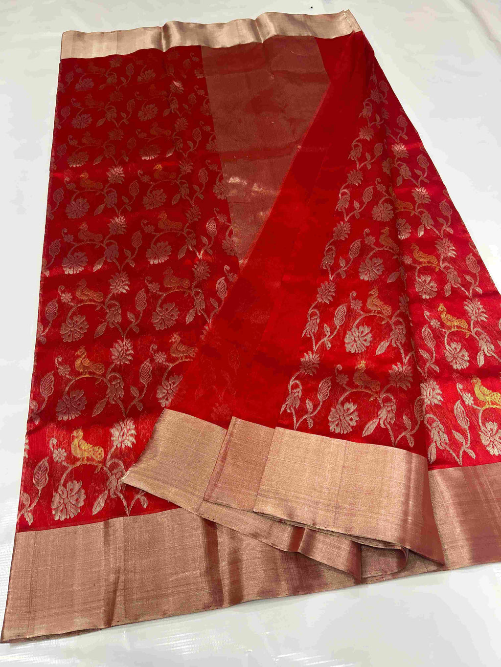 Red Chanderi Handloom Pattu Silk Meenakari Saree