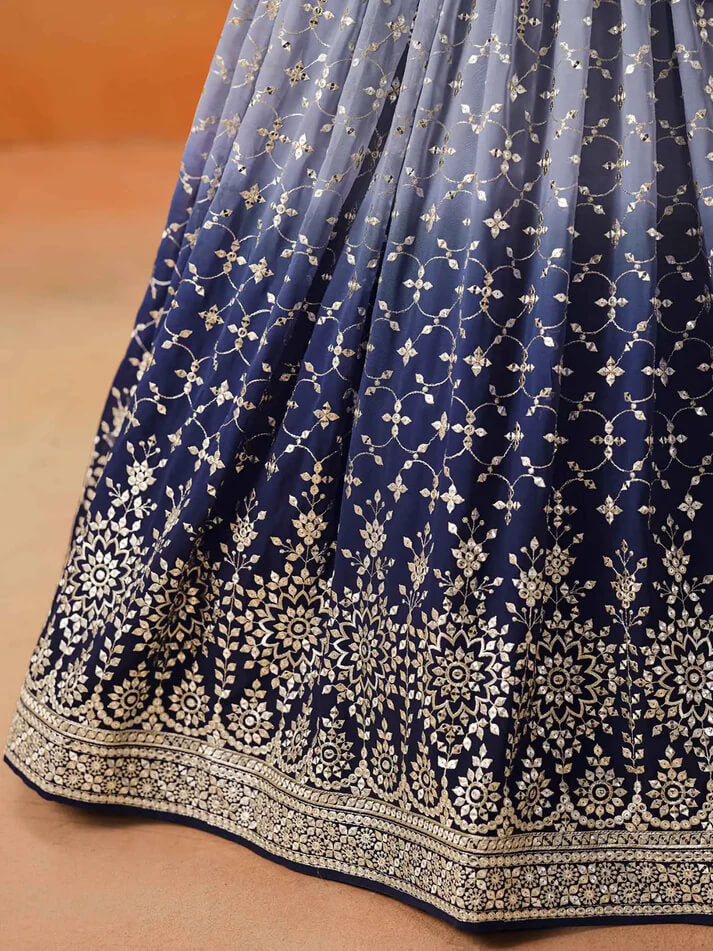Navy Blue Gradient Georgette Lehenga with Zari & Sequins