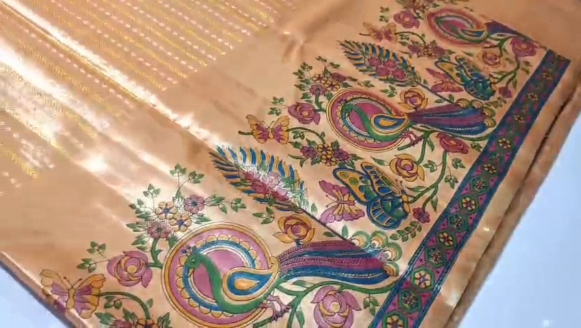 Peach Kanchipuram Handloom Kalamkari Tissue Silk Saree