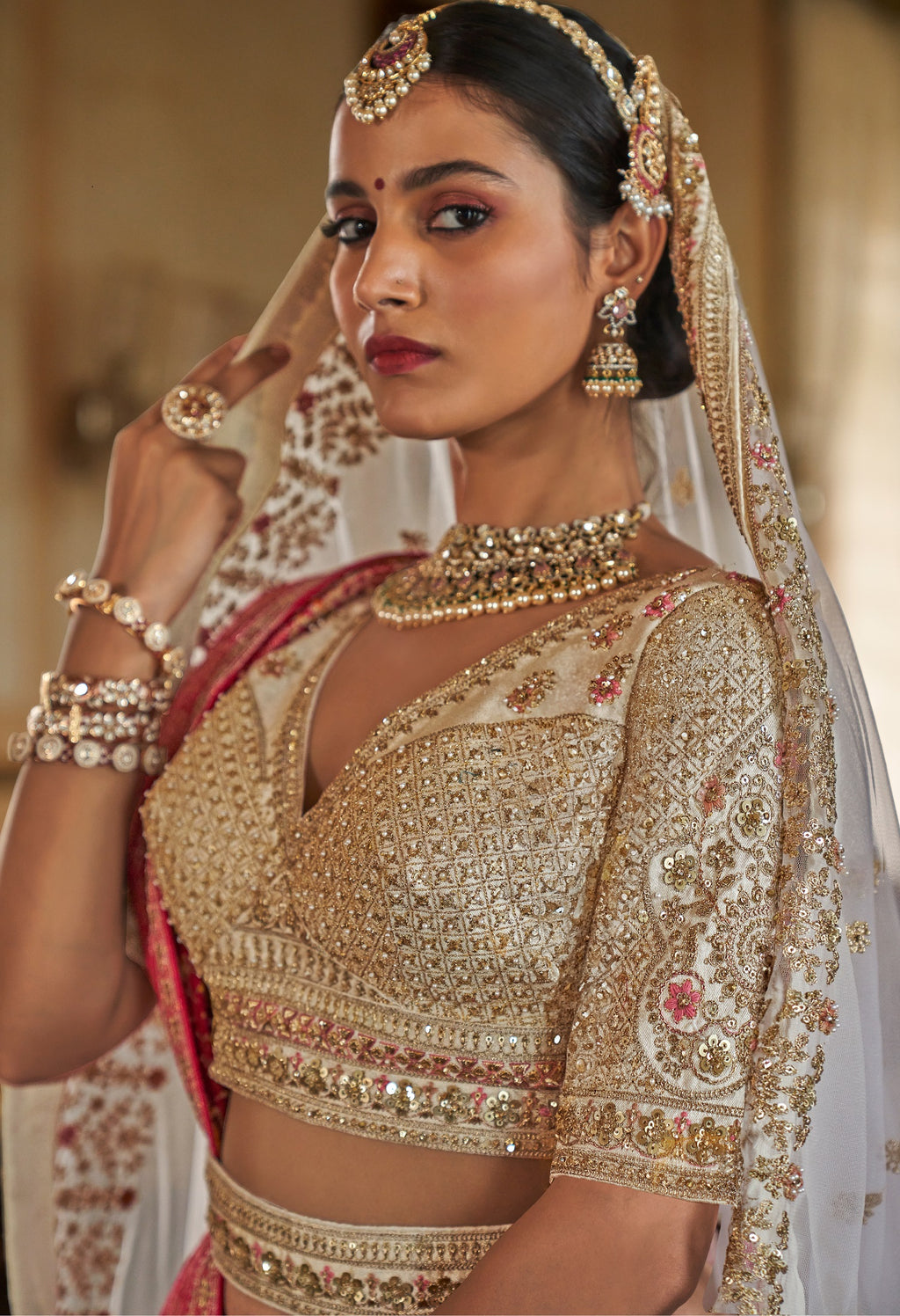 Beige Bridal Lehenga and Pink Dupatta  With Heavy Embroidery & Pearl Work