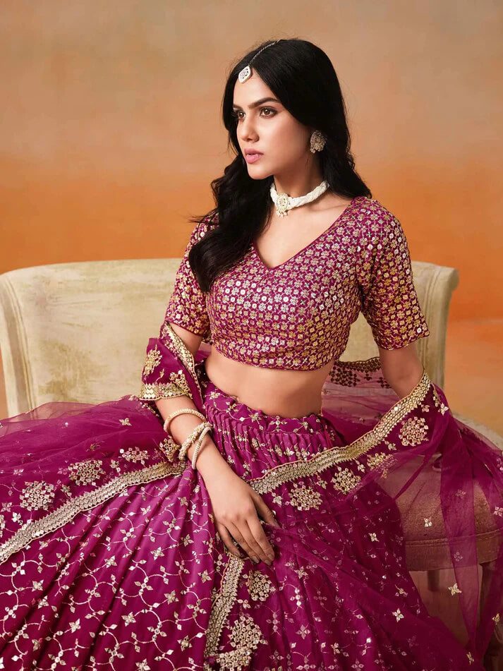 Red-Pink Georgette Lehenga with Zari & Sequins Work