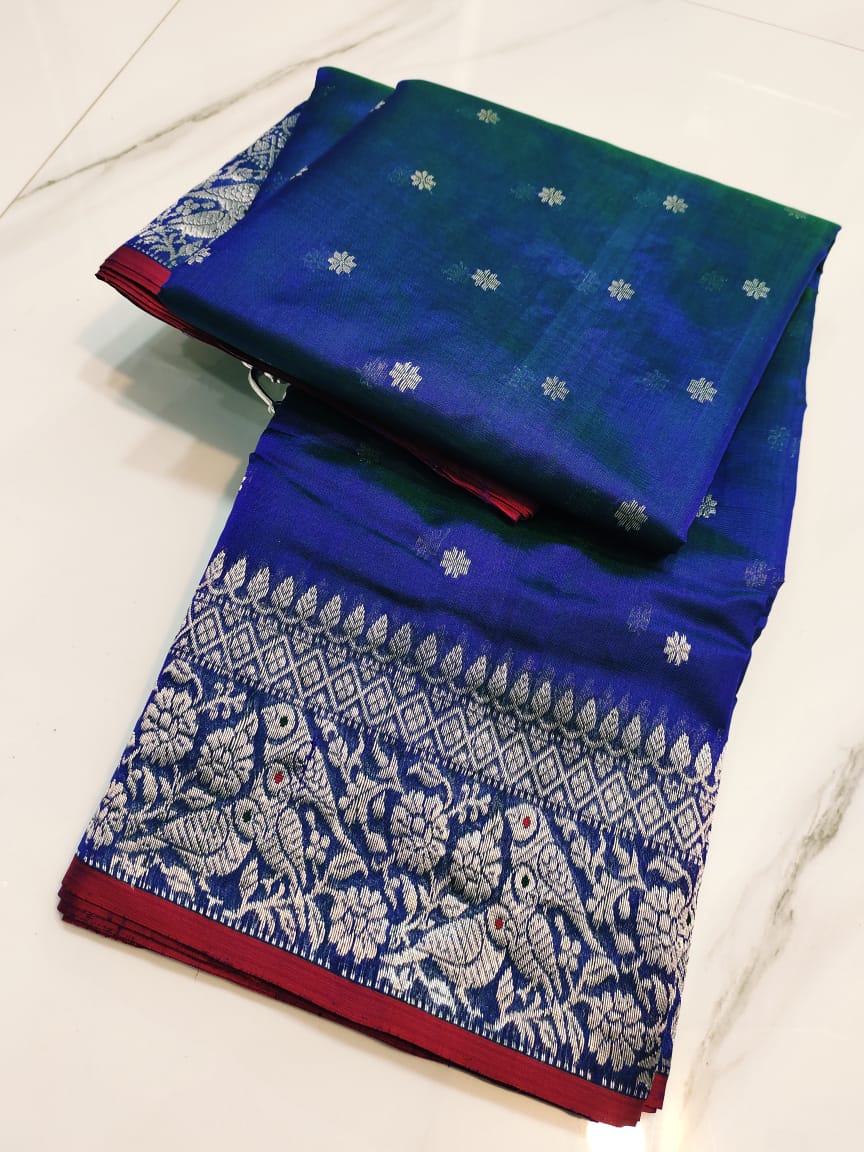 Dual Tone Blue Chanderi Handloom Pattu Silk Handwork Saree