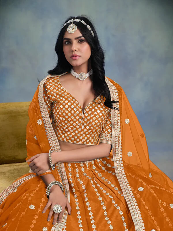 Stylish Orange Art Silk Lehenga Choli with Sequins