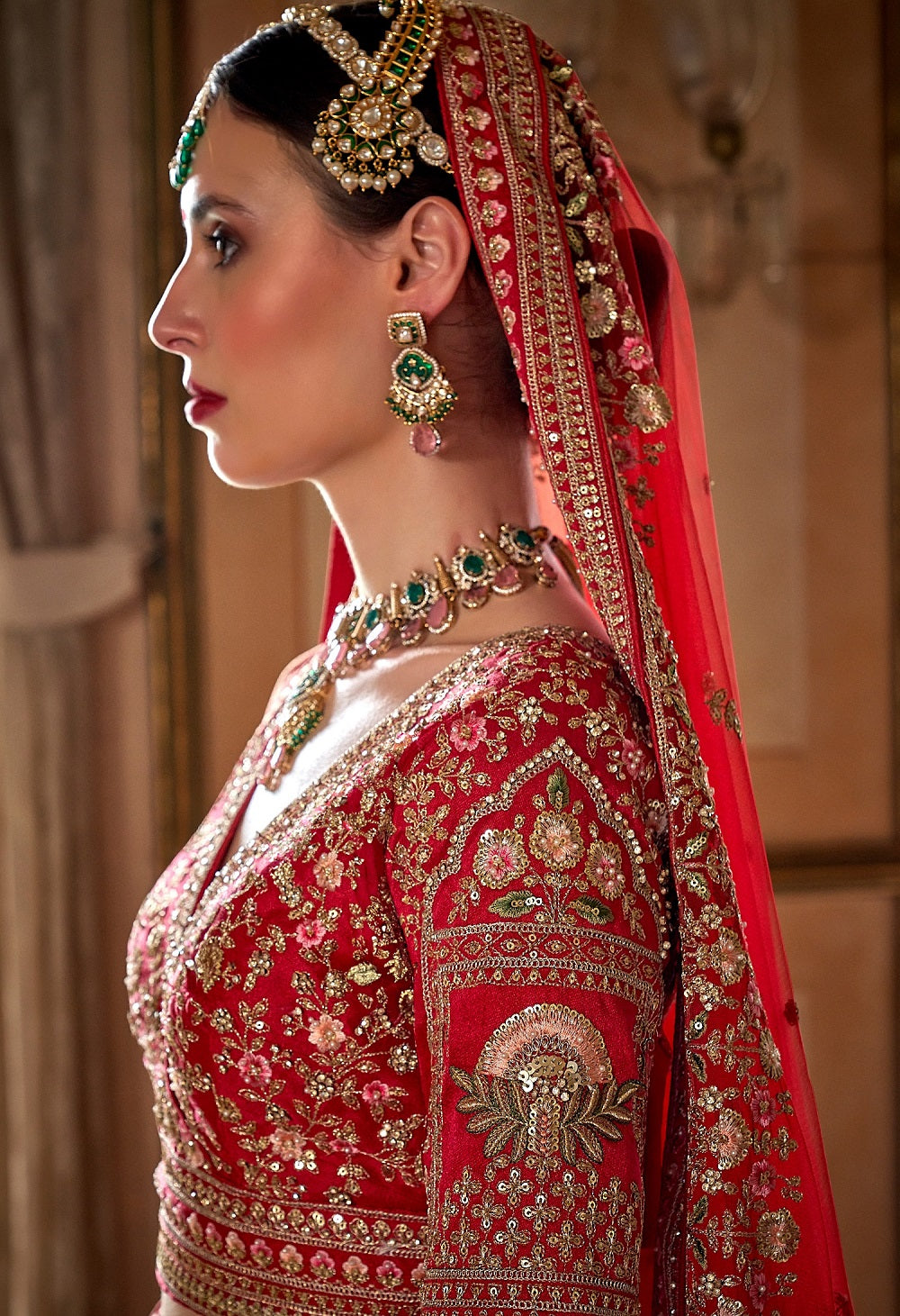 Bridal Red and Pink Heavy Embroidery & Pearl Work Lehenga