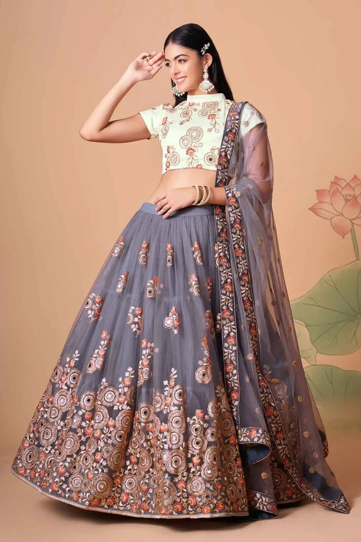 Grey Net Lehenga with Zari, Sequins & Mirror Work