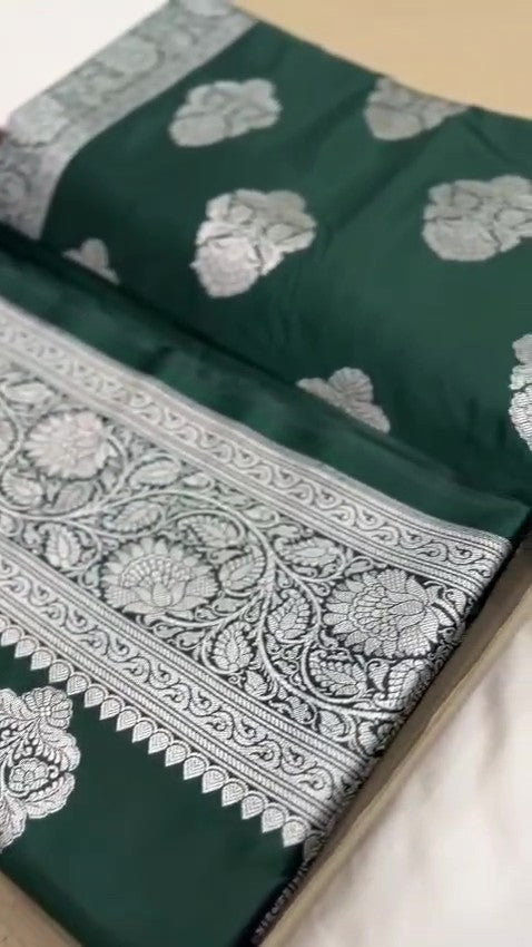 Bottle Green Banarasi Mashru Soft Silk Saree
