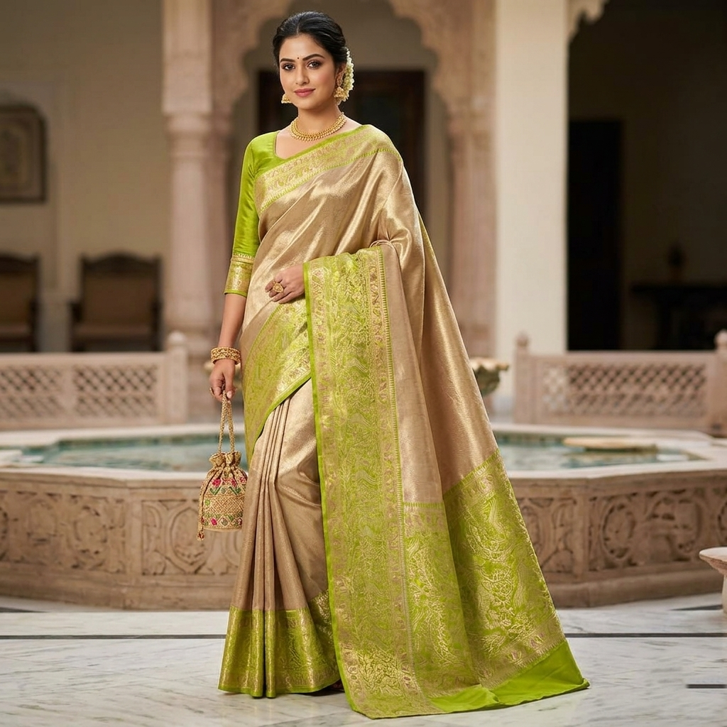 Baby Pink Kanchipuram Handloom Tissue Brocade Silk Saree