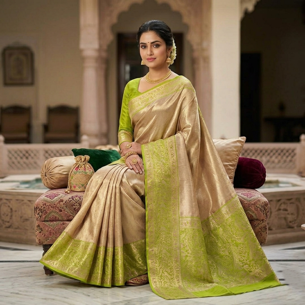 Baby Pink Kanchipuram Handloom Tissue Brocade Silk Saree