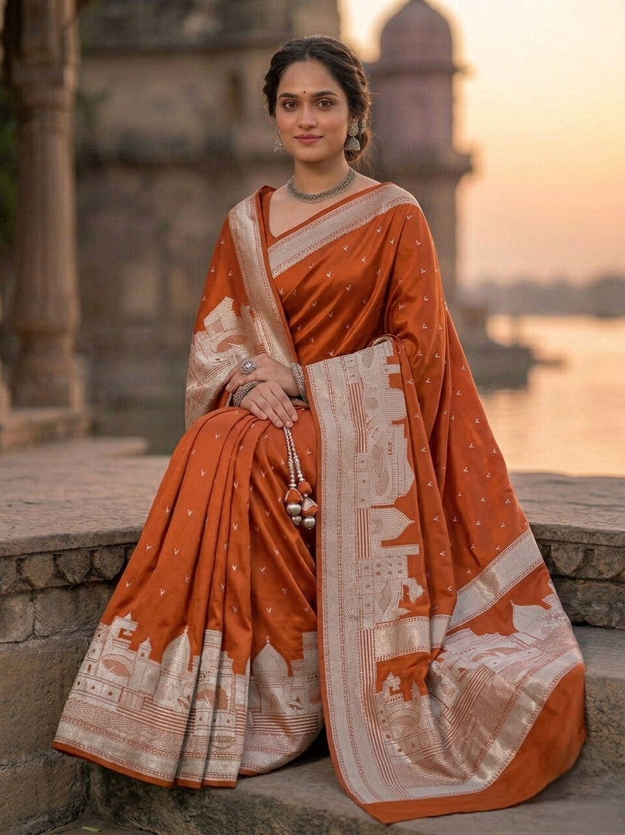 Orange Banarasi Kashi Ghat Mashru Silk Copper Zari Saree