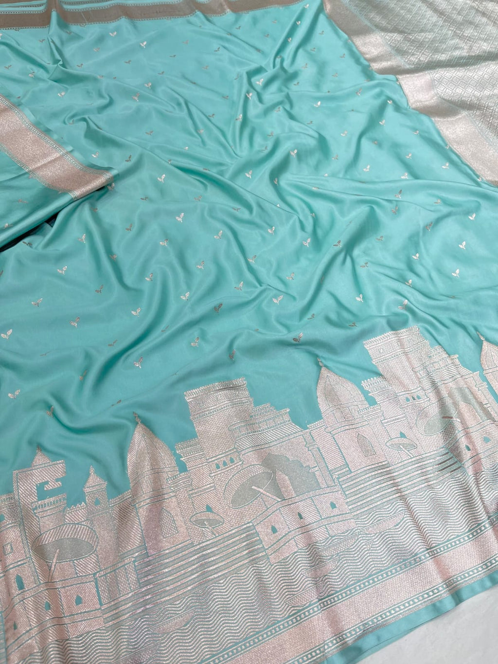 Turquoise Banarasi Kashi Ghat Mashru Silk Copper Zari Saree