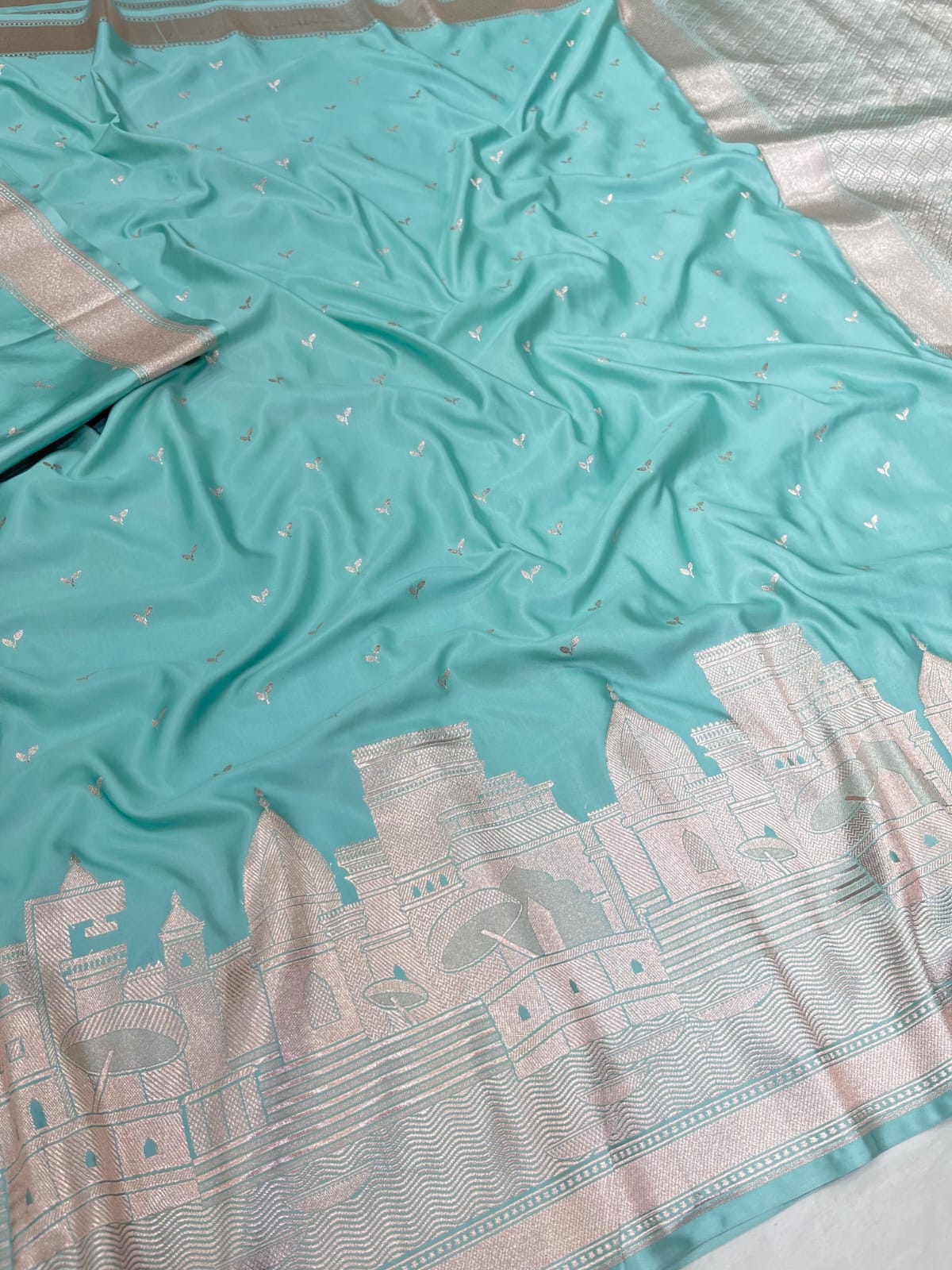 Turquoise Banarasi Kashi Ghat Mashru Silk Copper Zari Saree