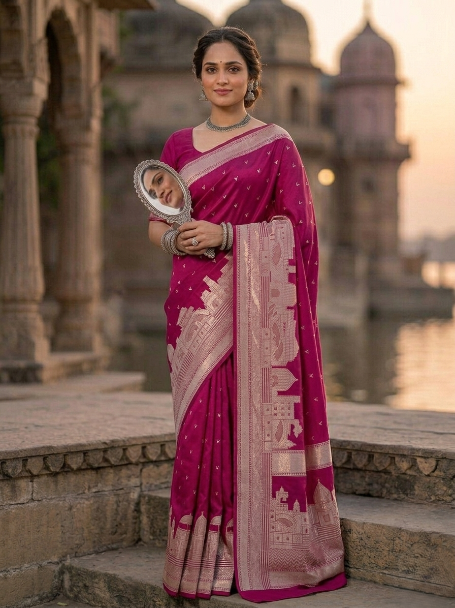 Dark Pink Banarasi Kashi Ghat Mashru Silk Copper Zari Saree
