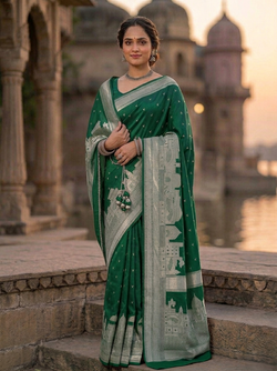 Bottle Green Banarasi Kashi Ghat Mashru Silk Copper Zari Saree