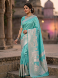 Turquoise Banarasi Kashi Ghat Mashru Silk Copper Zari Saree