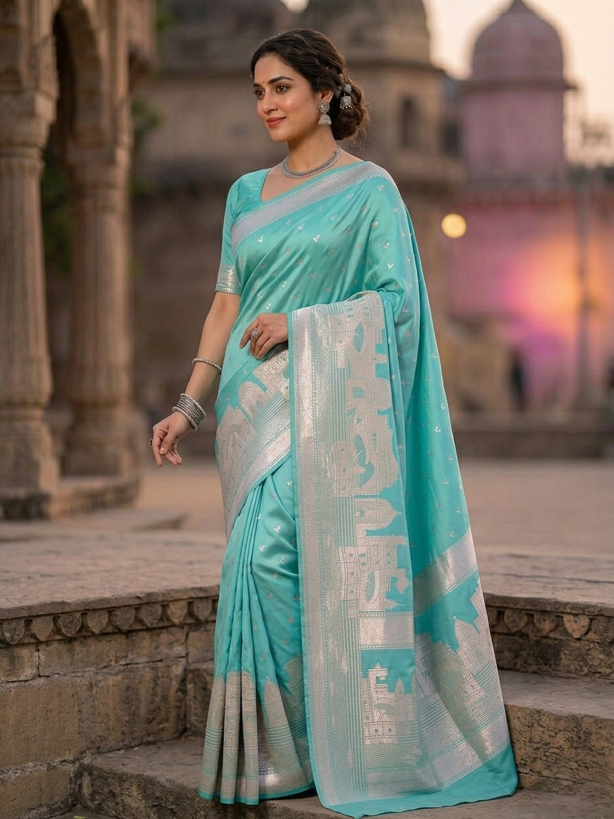 Turquoise Banarasi Kashi Ghat Mashru Silk Copper Zari Saree
