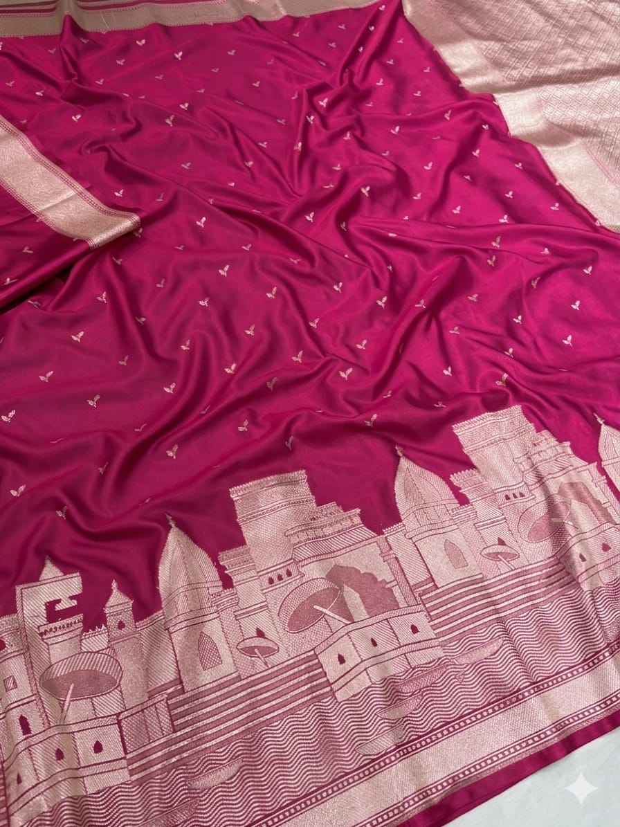 Dark Pink Banarasi Kashi Ghat Mashru Silk Copper Zari Saree