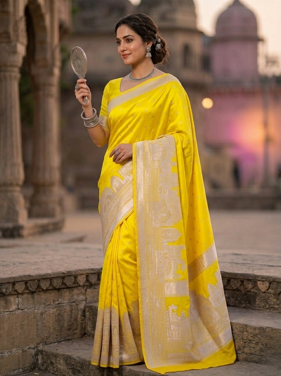 Lemon Banarasi Kashi Ghat Mashru Silk Copper Zari Saree