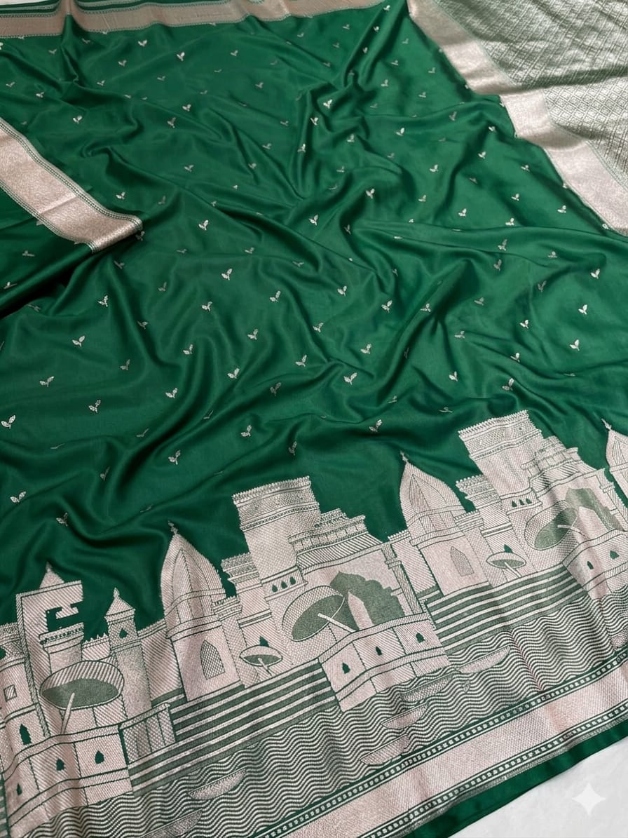 Bottle Green Banarasi Kashi Ghat Mashru Silk Copper Zari Saree