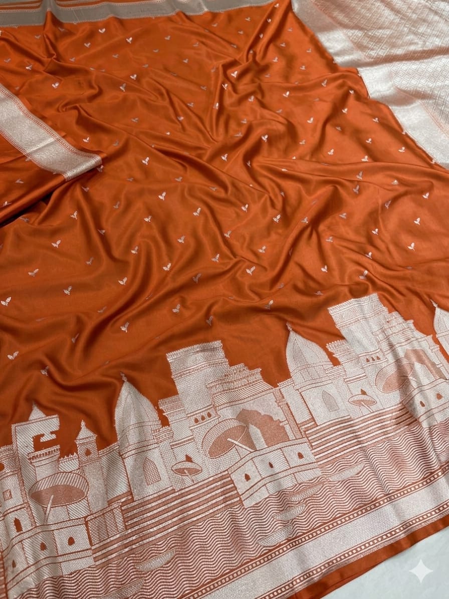 Orange Banarasi Kashi Ghat Mashru Silk Copper Zari Saree