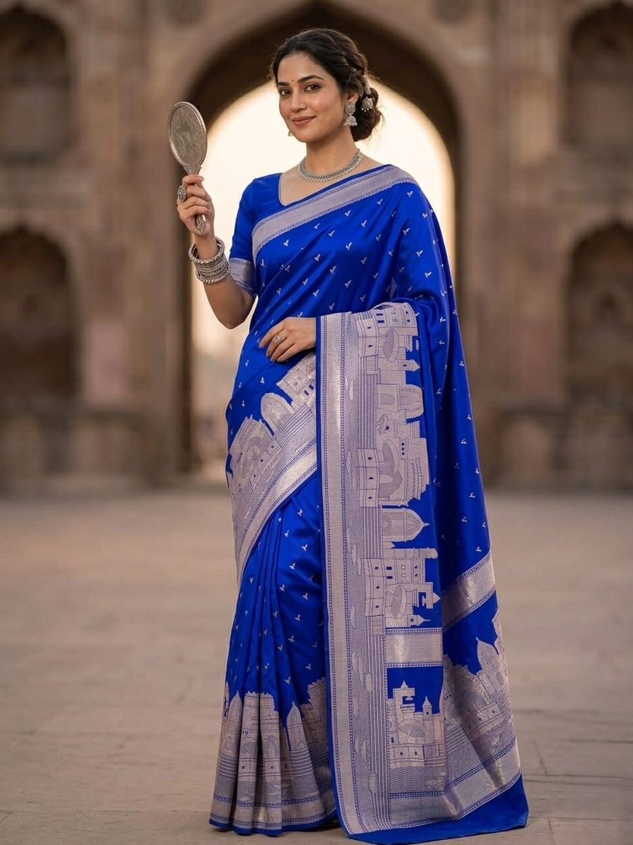 Royal Blue Banarasi Kashi Ghat Mashru Silk Copper Zari Saree