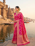 Rani pink Banarasi handloom pure Katan silk Kaduwa Jangla Meenakari saree featuring intricate gold zari and multi-color floral motifs