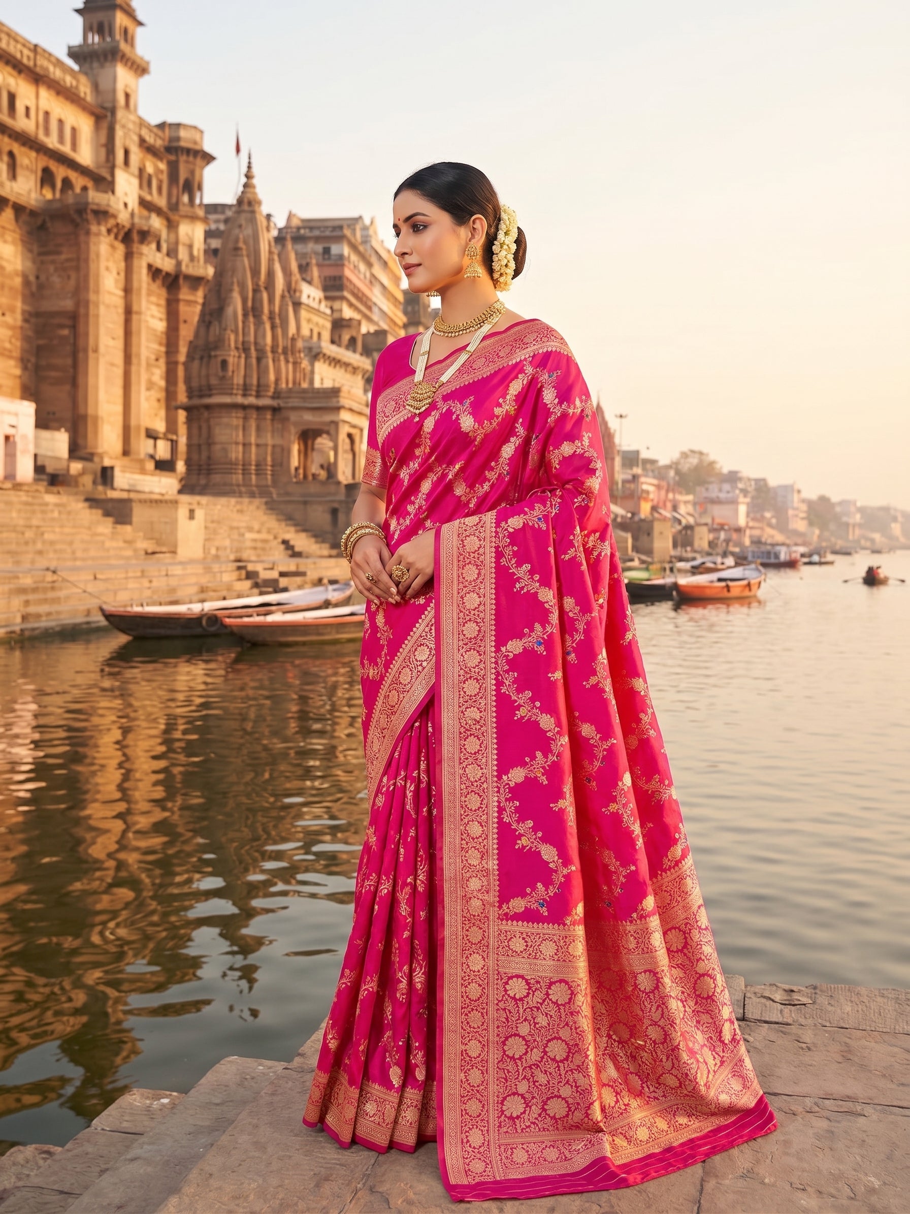 Rani pink Banarasi handloom pure Katan silk Kaduwa Jangla Meenakari saree featuring intricate gold zari and multi-color floral motifs