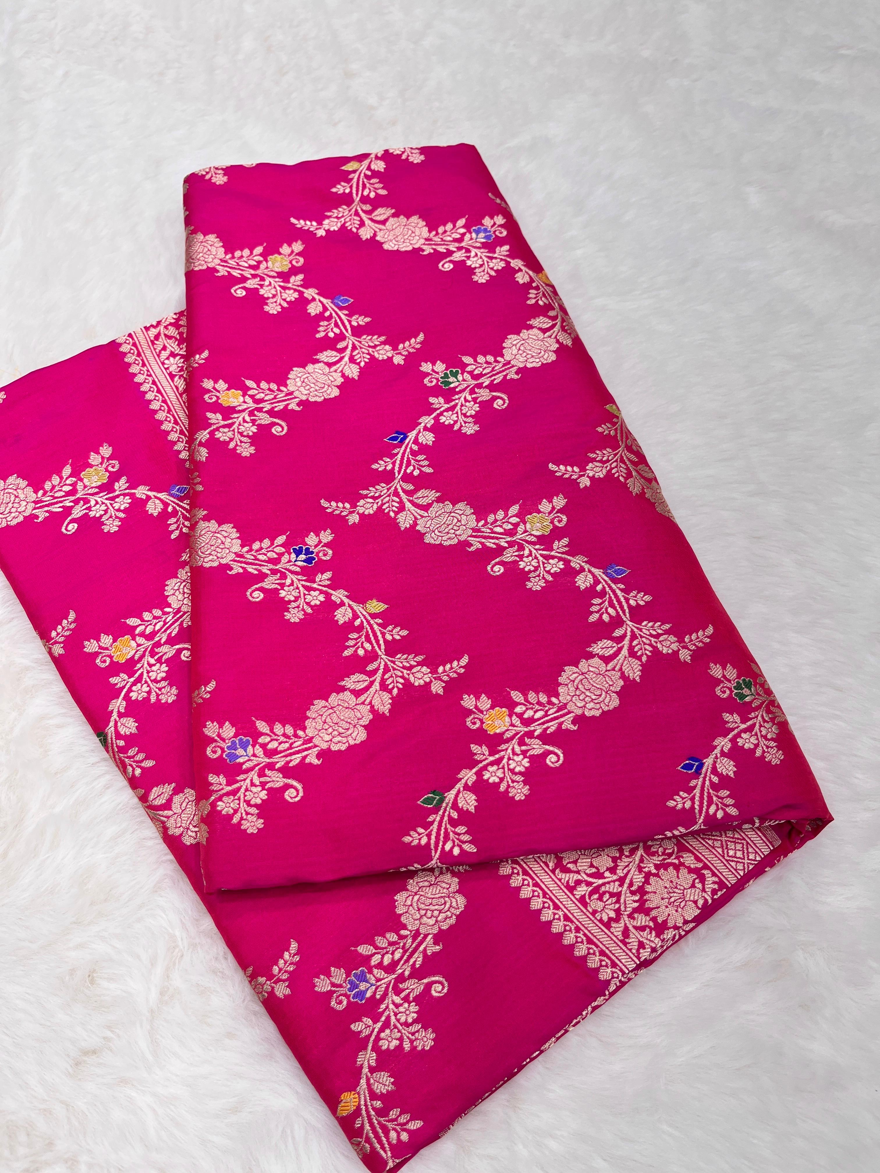 Rani pink Banarasi handloom pure Katan silk Kaduwa Jangla Meenakari saree featuring intricate gold zari and multi-color floral motifs