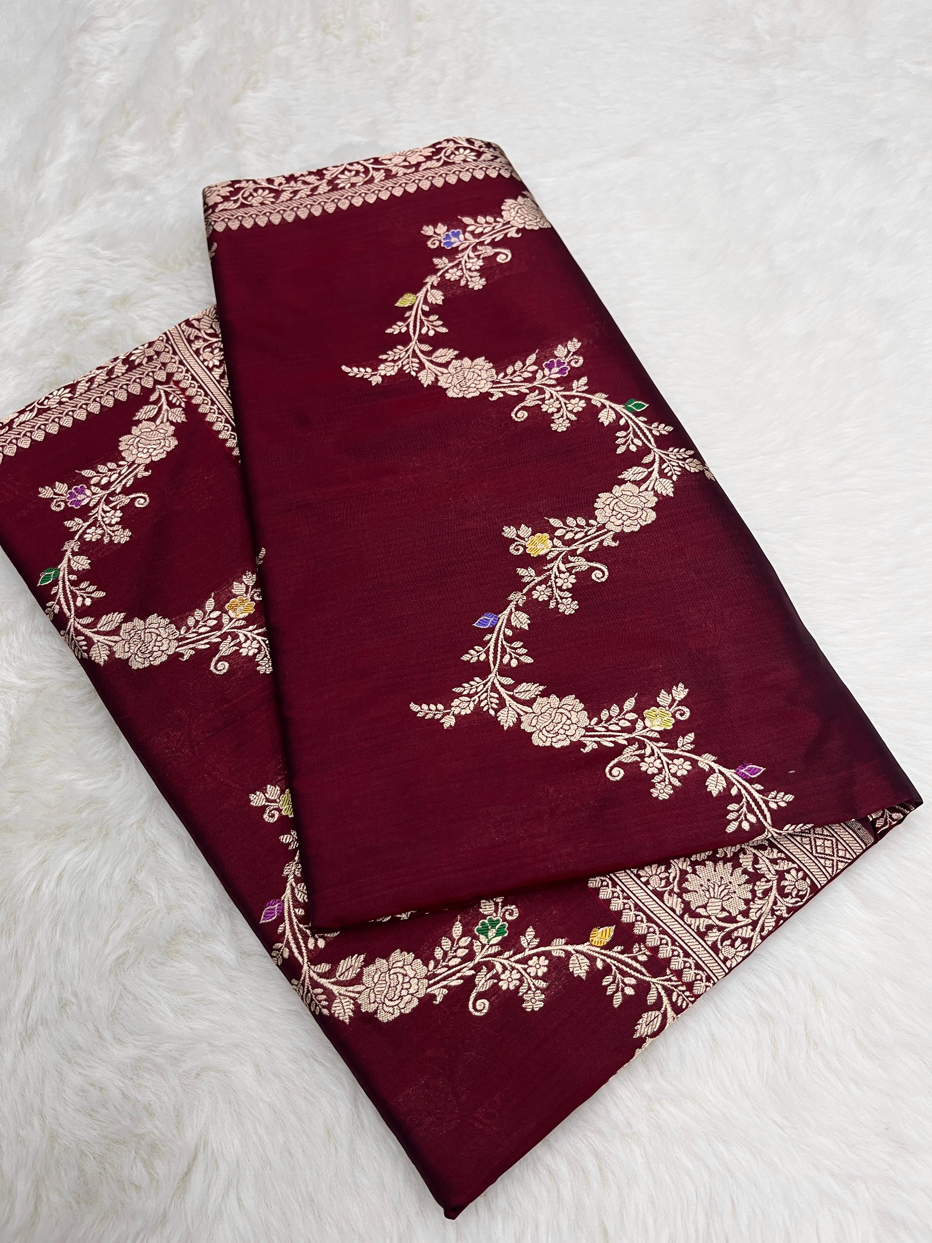 Maroon Banarasi Handloom Pure Katan Silk Kaduwa Jangla Meenakari Saree featuring intricate multi-color floral weaving and gold zari work.