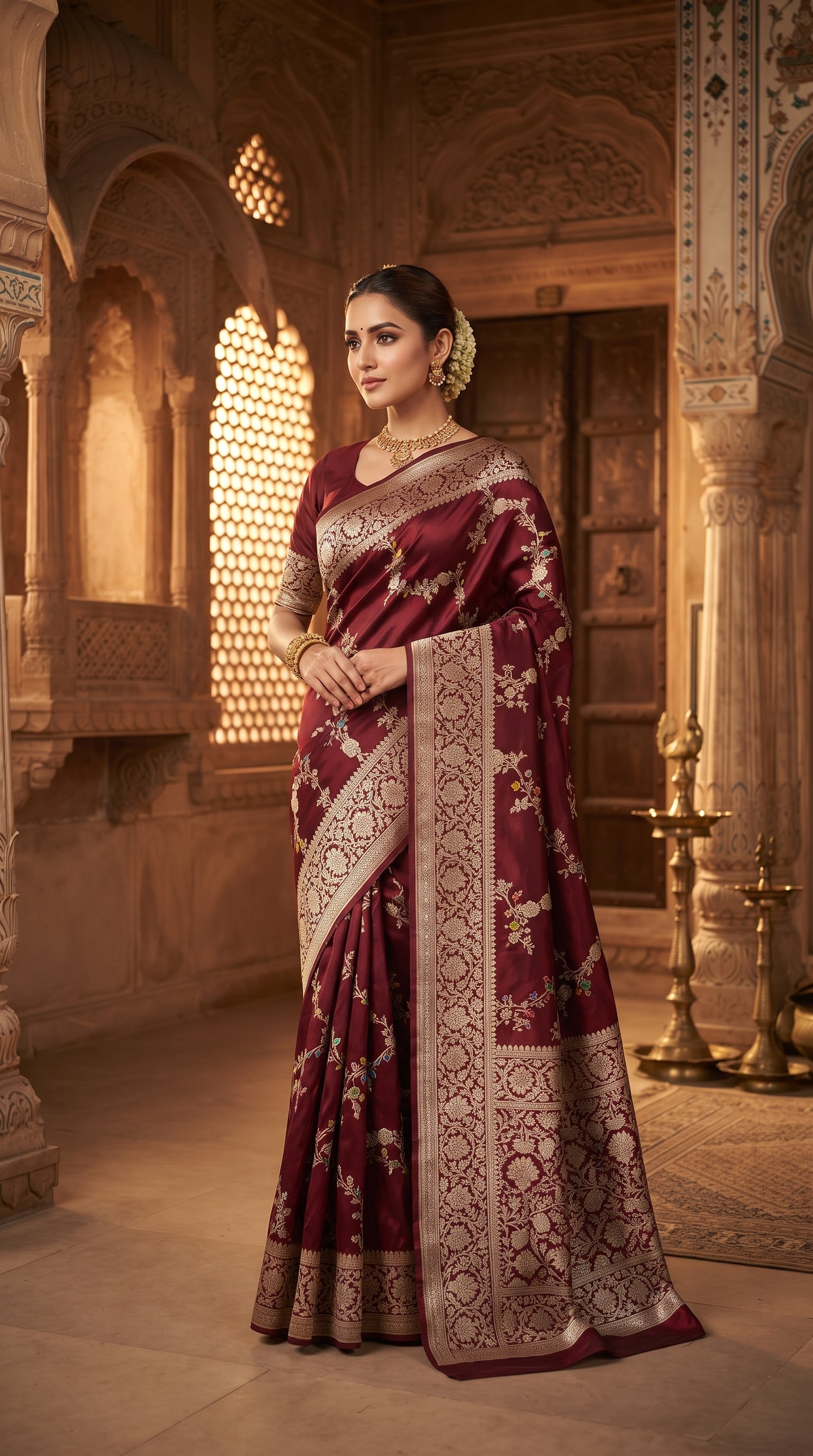Maroon Banarasi Handloom Pure Katan Silk Kaduwa Jangla Meenakari Saree featuring intricate multi-color floral weaving and gold zari work.