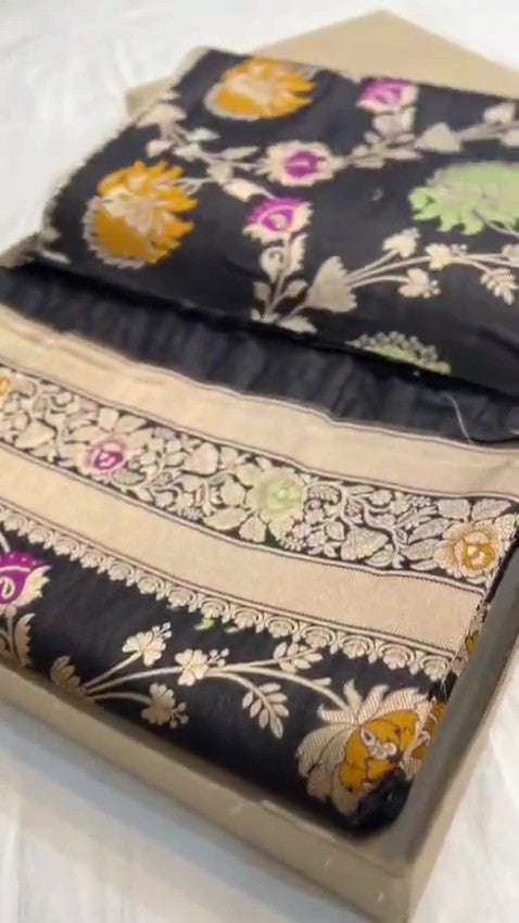 Midnight Black Handloom Banarasi Katan Silk Saree with Vibrant Meenakari Floral Motifs and Silk Mark Label.