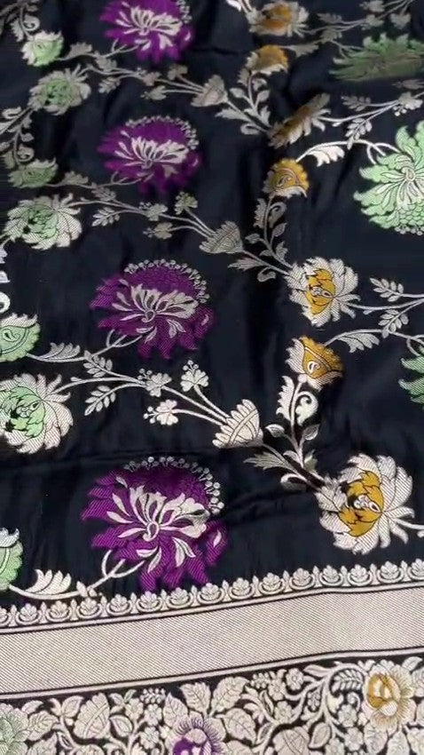 Midnight Black Handloom Banarasi Katan Silk Saree with Vibrant Meenakari Floral Motifs and Silk Mark Label.