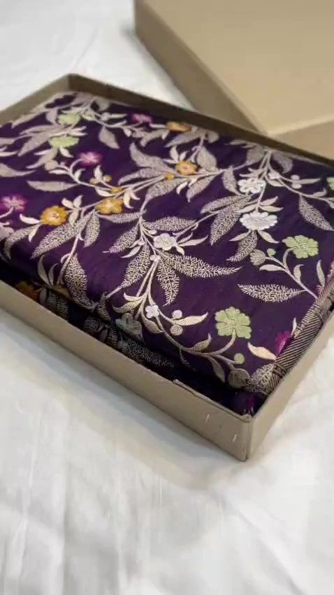 Darkest Purple Handloom Banarasi Katan Silk Saree featuring Rich Meenakari Weaving and Silk Mark Certification.