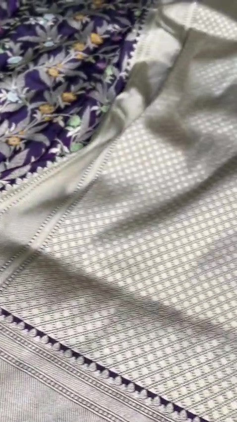 Darkest Purple Handloom Banarasi Katan Silk Saree featuring Rich Meenakari Weaving and Silk Mark Certification.