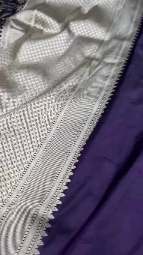 Darkest Purple Handloom Banarasi Katan Silk Saree featuring Rich Meenakari Weaving and Silk Mark Certification.