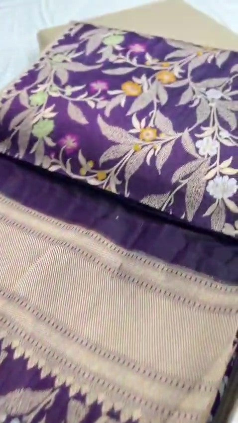 Darkest Purple Handloom Banarasi Katan Silk Saree featuring Rich Meenakari Weaving and Silk Mark Certification.
