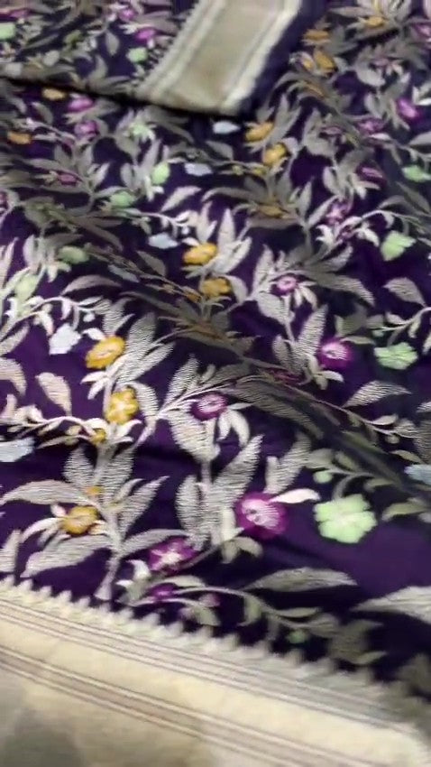 Darkest Purple Handloom Banarasi Katan Silk Saree featuring Rich Meenakari Weaving and Silk Mark Certification.