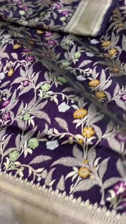Darkest Purple Handloom Banarasi Katan Silk Saree featuring Rich Meenakari Weaving and Silk Mark Certification.