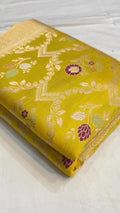 Bright Yellow Handloom Banarasi Katan Silk Saree with Multicolored Meenakari Weaving and Silk Mark Tag.