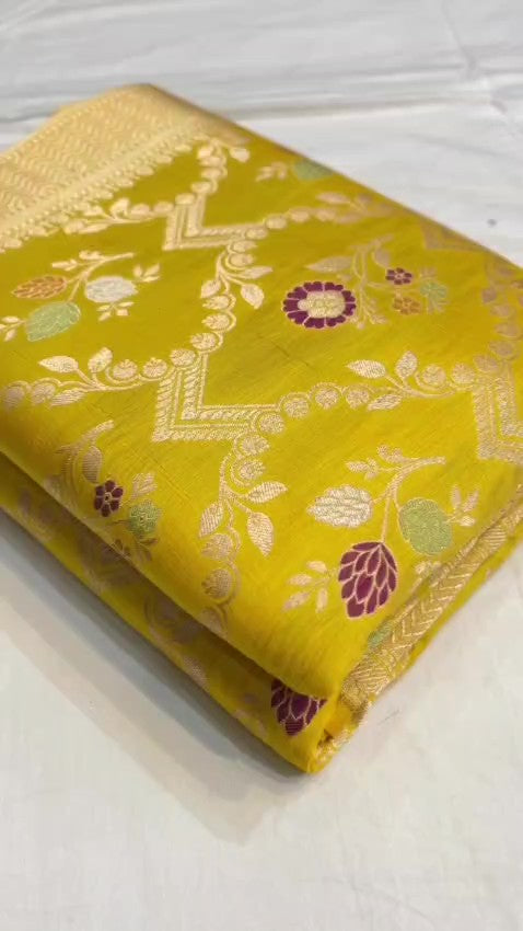 Bright Yellow Handloom Banarasi Katan Silk Saree with Multicolored Meenakari Weaving and Silk Mark Tag.
