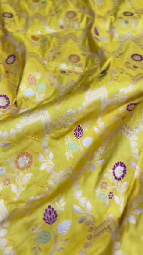 Bright Yellow Handloom Banarasi Katan Silk Saree with Multicolored Meenakari Weaving and Silk Mark Tag.