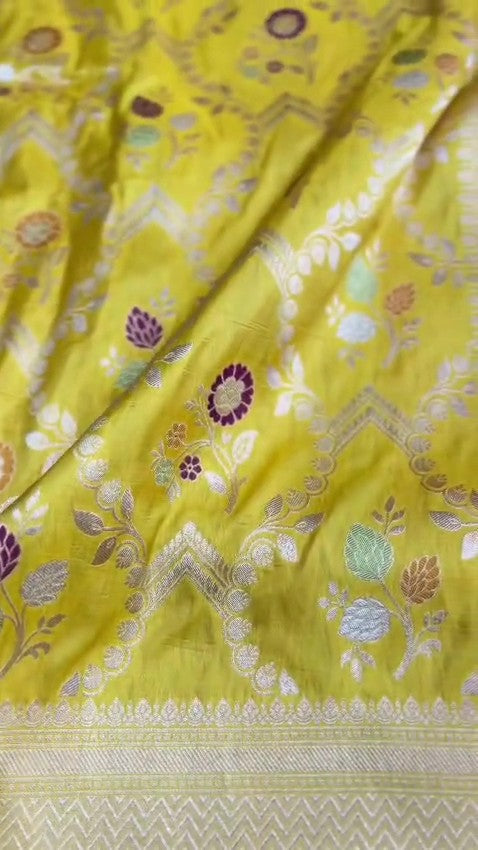 Bright Yellow Handloom Banarasi Katan Silk Saree with Multicolored Meenakari Weaving and Silk Mark Tag.