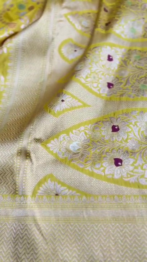 Bright Yellow Handloom Banarasi Katan Silk Saree with Multicolored Meenakari Weaving and Silk Mark Tag.
