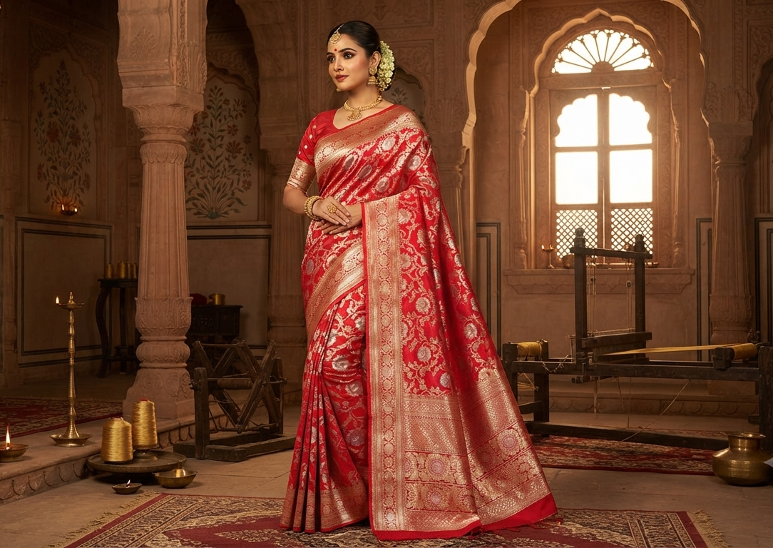 Red Banarasi Handloom Katan Silk Sona Rupa Saree showcasing the elaborate gold and silver Jangla patterned pallu and matching patterned border.