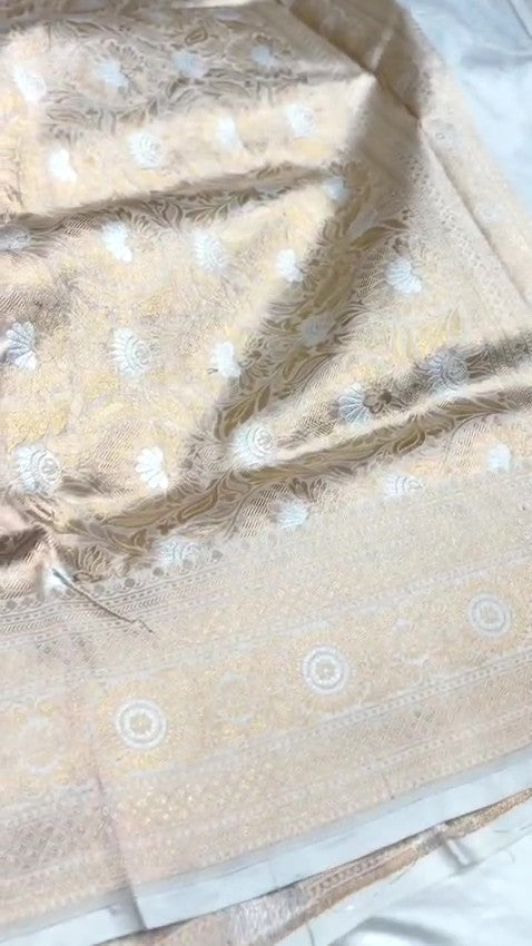 Ivory Banarasi Handloom Katan Silk Sona Rupa Saree with intricate gold zari and silver work in a traditional setting.